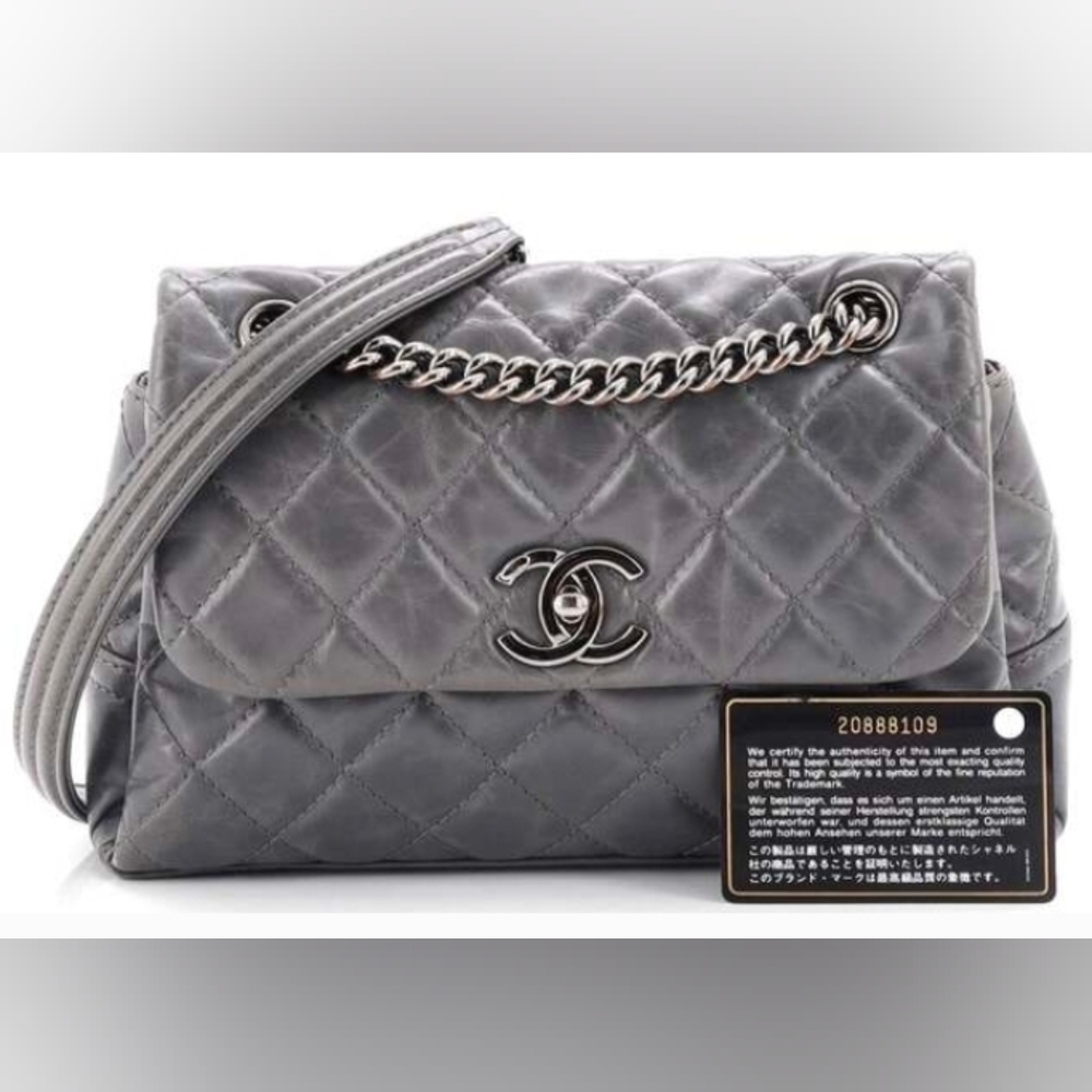 Chanel Gray Calfskin Quilted Leather Bag